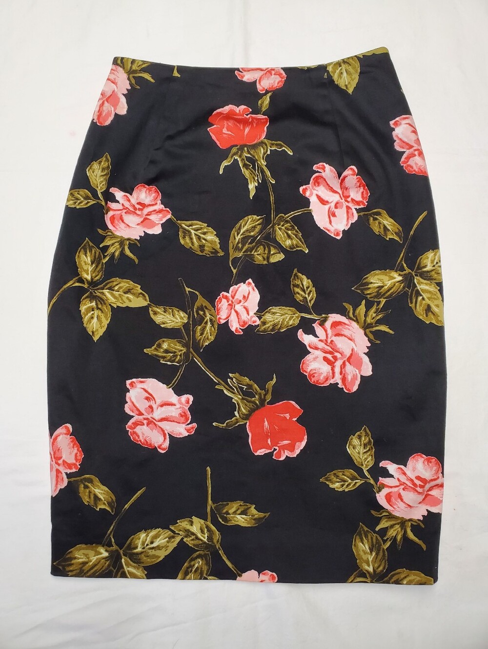 Vintage Japanese Rose Print Pencil Skirt Black Floral Cotton Made Japan S
